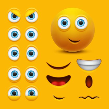 Çizgi film sarı 3D karakter yaratıcısı. Farklı duyguları olan Emoji. Vektör illüstrasyonu