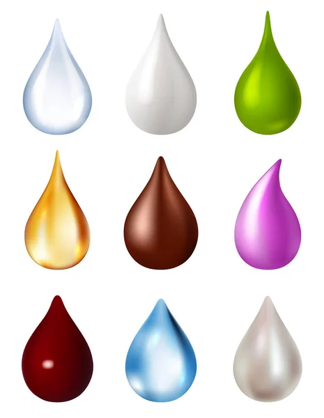 Different Liquids Drops Colorful Droplets Honey Milk Water Chocolat Blood — Stock Vector