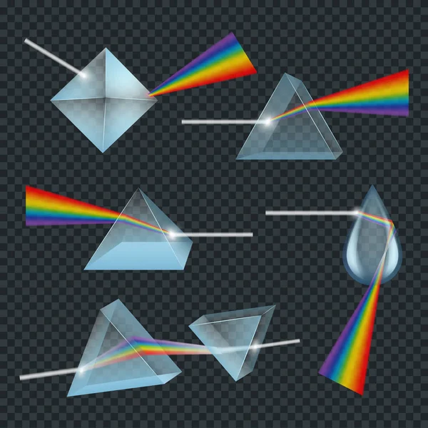 現実的なプリズムセット 光分散 虹のスペクトルと光効果 ピラミッドのプリズムとドロップを反映 現実的な3Dベクトル図 — ストックベクタ