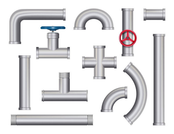 Realistic pipes. Water tube pipelines with valves, joints and connections. Vector 3D metal constructions.
