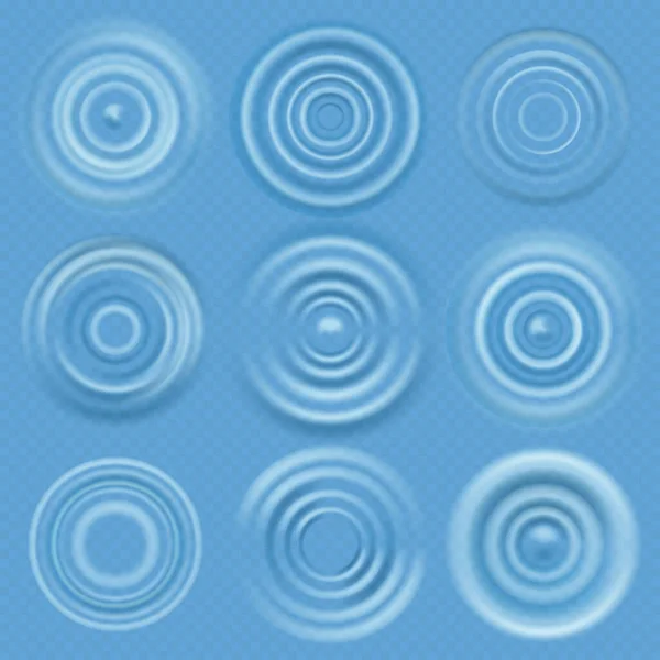水的涟漪 现实的同心圆在水坑 透明蓝色背景上的矢量圆波面 — 图库矢量图片