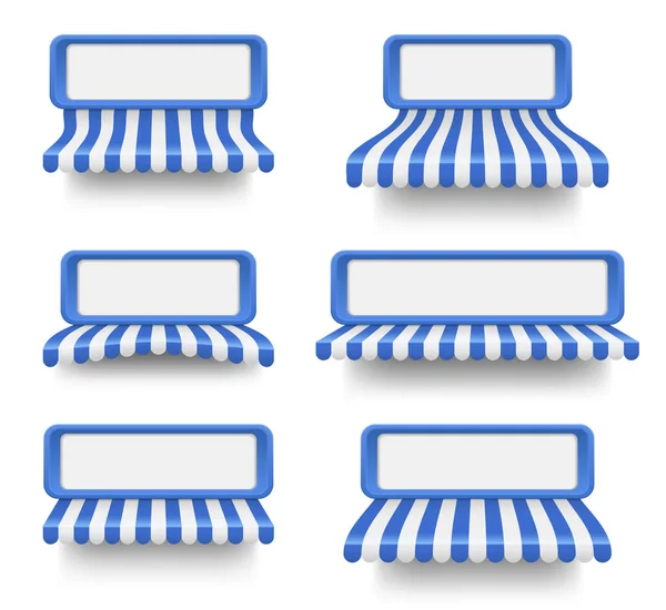 Vector Set Van Blauw Witte Parasols Met Blanco Spandoeken Buiten — Stockvector