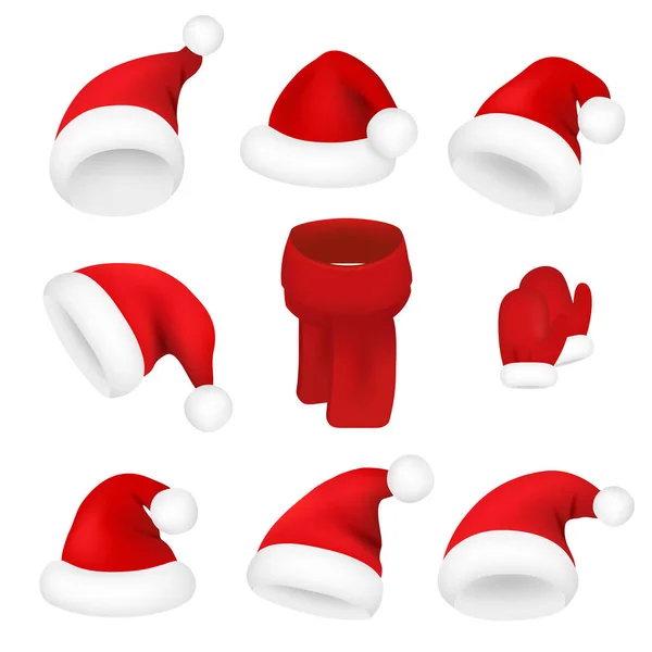 Christmas Santa Claus Hats Set New Year Red Hat Isolated — Stock Vector