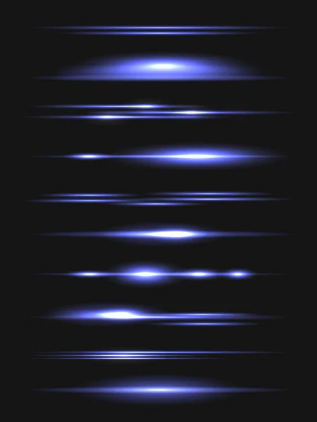 Blaue Horizontale Linsenfackeln Gesetzt Laserstrahlen Horizontale Lichtstrahlen Lichtblitze Glühende Schlieren — Stockvektor