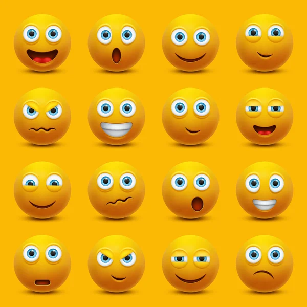 向量集与Emoji 脸色发黄 情绪高涨 卡通角色 不同的情感模板3D现实的情调 黄色背景上的矢量插图 — 图库矢量图片#