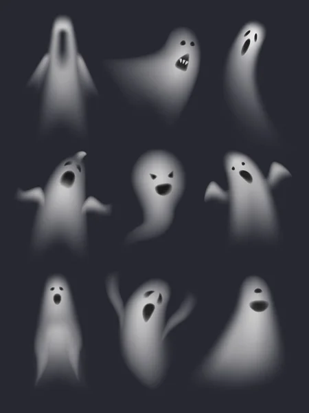 透明に隔離された現実的な幽霊のセット ハロウィーンの3Dシンボルのベクトルイラスト ハロウィーンの不気味なモンスター — ストックベクタ