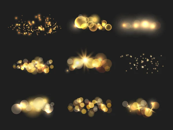 Набір Світлових Ефектів Ізольовані Золоті Прозорі Світлові Предмети Сонячне Світло — стоковий вектор