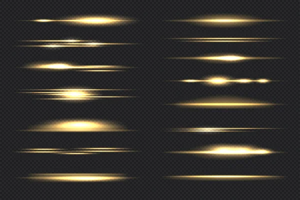 金の水平レンズフレアセット レーザー光線 水平光線 ライトフレア 暗い背景に輝くストリート 黒い背景の明るい抽象的なスパークリングライニング要素 — ストックベクタ