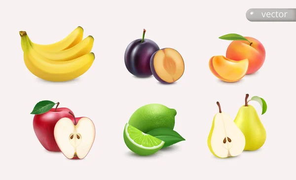 Γλυκά Φρούτα Μήλο Και Λάιμ Μπανάνα Και Ροδάκινο Δαμάσκηνο Και — Διανυσματικό Αρχείο