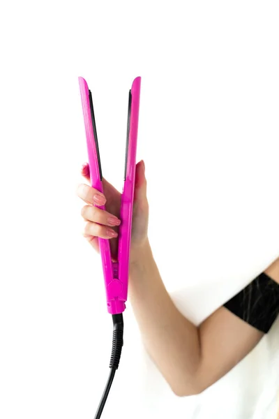 Girl Holds Her Hands Pink Iron Straightening Styling Hair Beauty — Stock Photo, Image