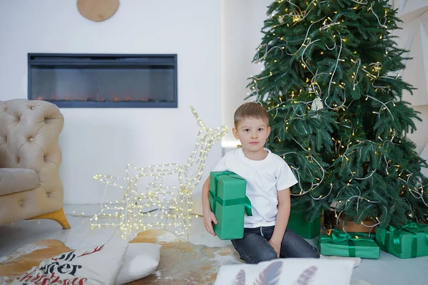 one European young boy in casual clothes fair-haired with brown eyes holds in his hands a New Year\'s green box in a room near the Christmas tree by the fireplace with beautiful pastel pillows