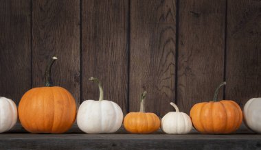 Kabak çeşitleri rustik ahşap arka plana karşı sıralanmış, boşluğu kopyala
