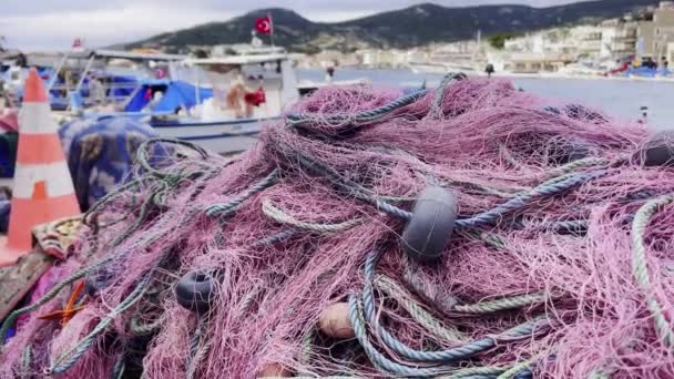 Fishnet Linhas Pesca Detalhe Uma Doca — Vídeo de Stock