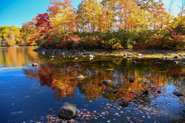 Krásné Podzimní Listí Slunečného Dne Harriman Parku Obloha Stromy Odrazy — Stock fotografie