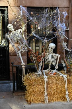 Dışarıdaki korkunç iskeletler Cadılar Bayramı süslemeleri..