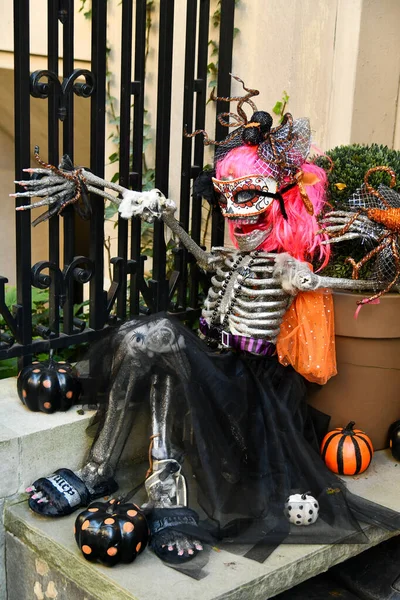 Esqueleto Engraçado Peruca Como Decoração Halloween Livre — Fotografia de Stock