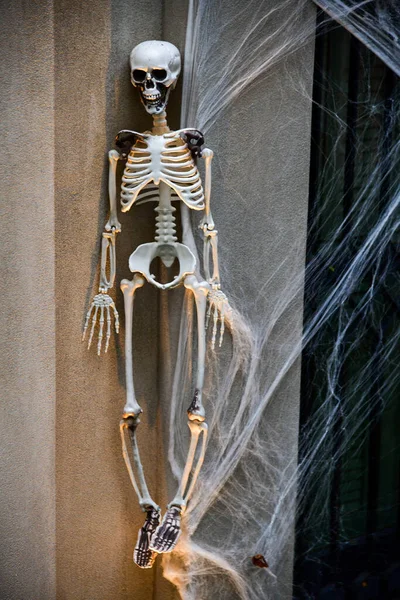 Страшні Моторошні Скелети Межами Будівлі Святкування Хелловін — стокове фото
