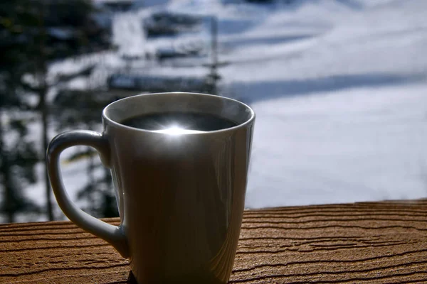 Cup Fresh Morning Coffee Porch Condo Ski Resort Blurry Snow — Stock Photo, Image