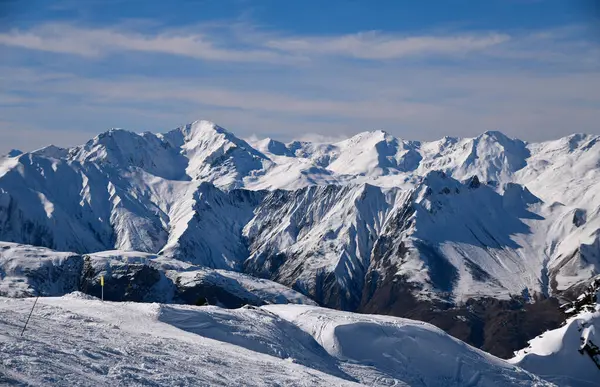 Pintoresca Vista Nevada Picos Montaña Los Alpes Zona Esquí Meribel —  Fotos de Stock