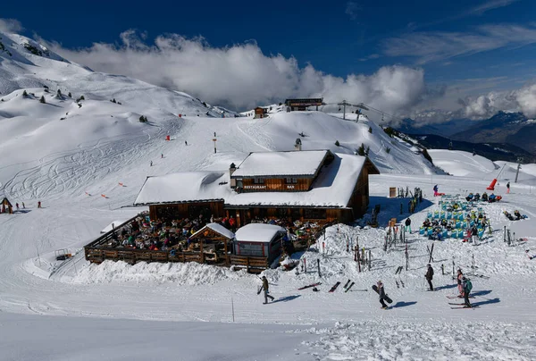 Restaurant Chalet Tonia Fuße Des Roc Tounge Skigebiet Meribel Frankreich Stockbild