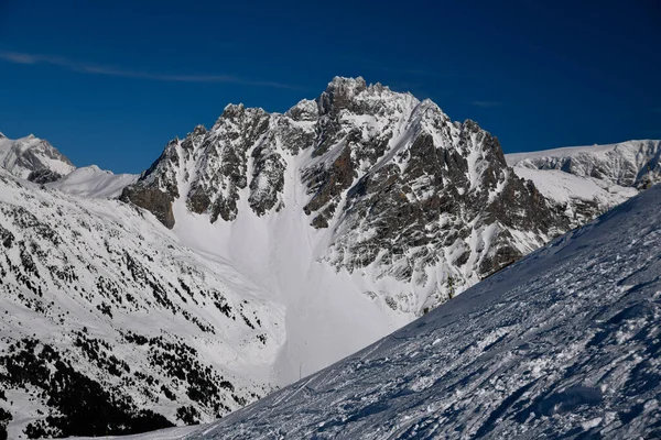 Skipistes Verse Sneeuw Bij Piste Het Meribel Skigebied Frankrijk Prachtig Stockafbeelding