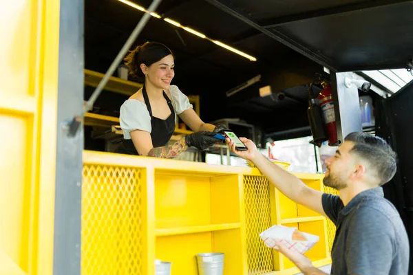 Happy Diner Receiving His Lunch Order Paying His Street Food — Stock Photo, Image