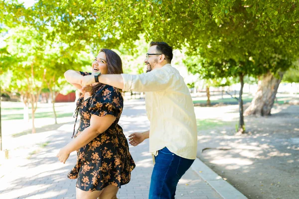 Fun Happy Young Couple Dancing Twirling Together While Beautiful Date — Stock Photo, Image