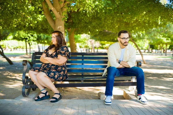 Angry Couple Ignoring Each Other Park Having Relationship Problems While — Stock Photo, Image