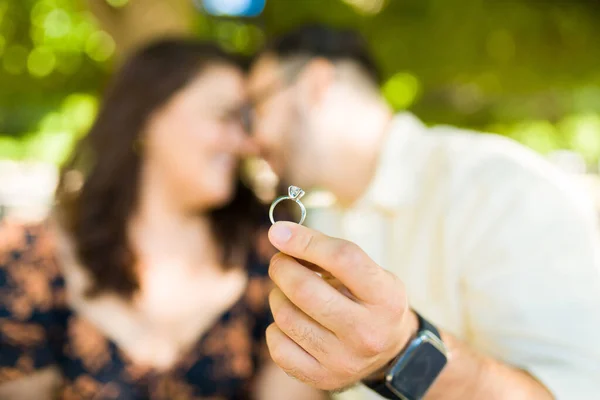 Close Happy Couple Holding Diamond Engagement Ring Getting Engaged — Stock Photo, Image