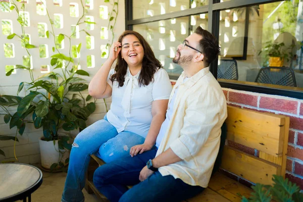 Excited Couple Laughing Together While Talking Drinking Coffee Cafe — Stock Photo, Image