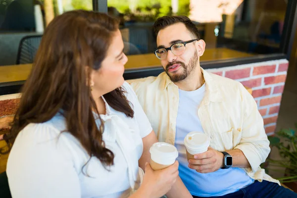 Handsome Caucasian Man Drinking Coffee His Girlfriend Relaxing Date — Stock Photo, Image