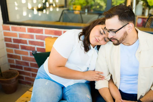 Relaxed Beautiful Couple Hugging Cuddling While Having Loving Date Restaurant — Stock Photo, Image