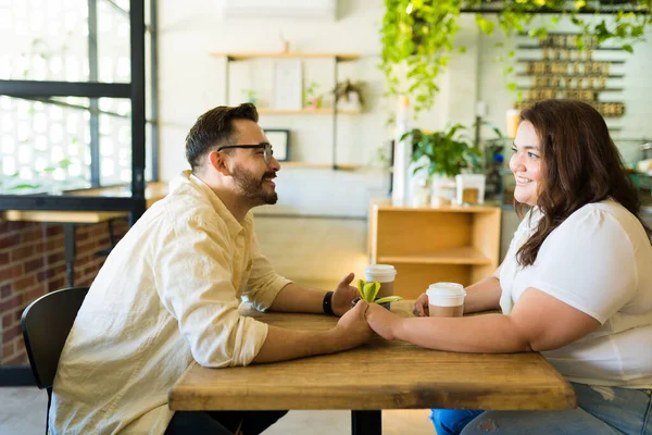 Cheerful Couple Love Smiling Having Date Holding Hands Coffee Shop — Stock Photo, Image