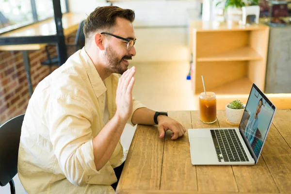 Profile Attractive Man His 30S Iced Coffee While Making Work — Stock Photo, Image