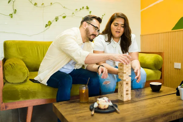 Caucasian Man Fat Woman Playing Tower Blocks Board Game While — Stock Photo, Image