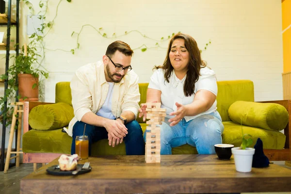 Happy Woman Lost Blocks Board Game While Playing Date His — Stock Fotó