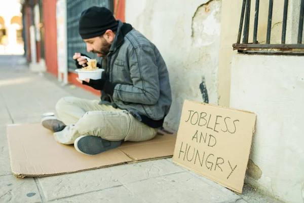 Jobless Hungry Homeless Man Living Poverty Eating Hot Soup Asking — Stock Photo, Image