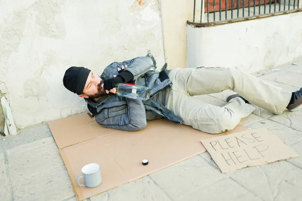 Miserable Alcoholic Homeless Man Beggar Living Streets While Struggling Drinking — Stock Photo, Image