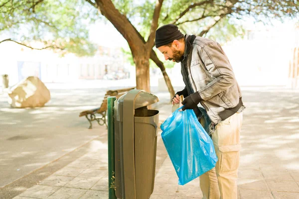 Hungry Poor Homeless Man Looking Trash Find Eat Food While — Stock Photo, Image