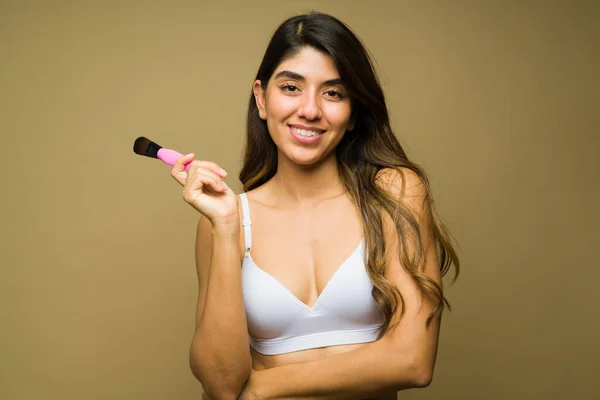 Hispanic Young Woman Underwear Looking Happy Using Makeup Brush Beauty — Stock Photo, Image