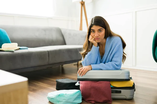 Portrait Sad Upset Young Woman Getting Ready Trip Having Problems — Stock Photo, Image