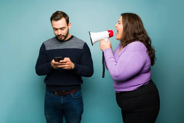 Upset Obese Woman Looking Angry Screaming Megaphone Her Distracted Boyfriend — Stock Photo, Image