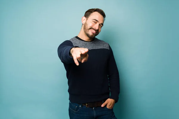 Portrait Attractive Caucasian Man Flirting Pointing Finger You Front Him —  Fotos de Stock