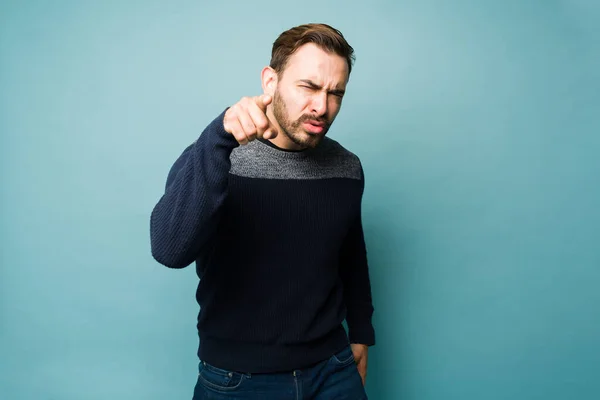 Angry Caucasian Young Man Pointing Finger Blaming While Arguing Having — Stockfoto