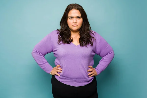 Angry Annoyed Obese Woman Looking Frustrated While Having Problems Making — Foto Stock