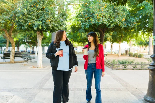 Young Women Friends Long Friendship Walking Park Talking Hanging Out — Stockfoto