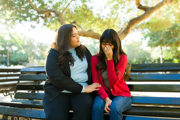 Worried Young Woman Comforting Hugging Her Sad Best Friend Crying — Stockfoto