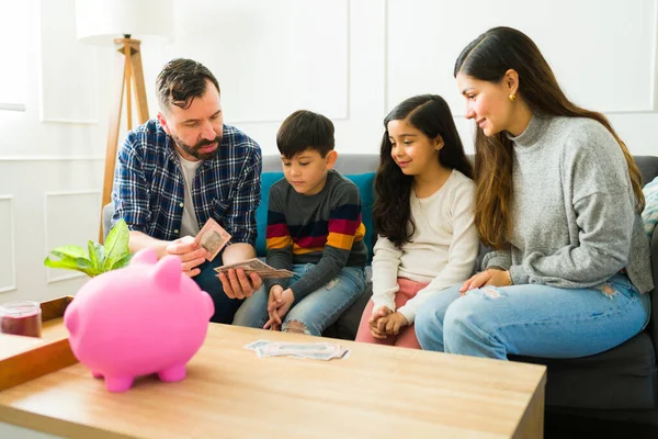 Caring Parents Teaching Financial Education Children While Counting Money Together — Foto Stock