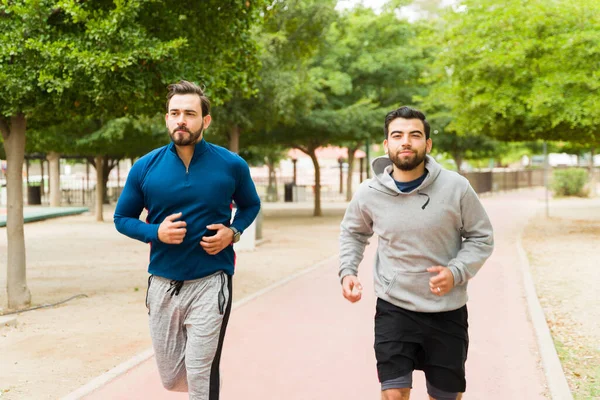 Fit Attractive Young Men Friends Running Together Working Out Outdoors — Stock Photo, Image