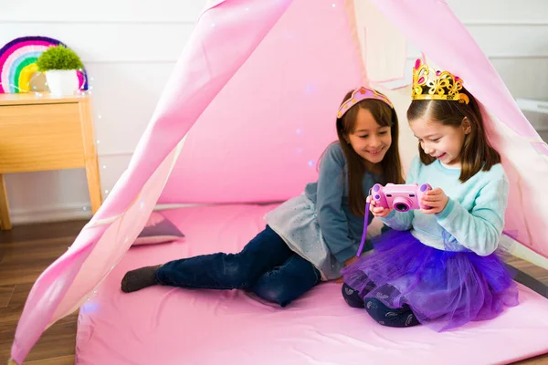 Happy Children Best Friends Dressed Princesses Playing Toy Camera Taking — Foto de Stock